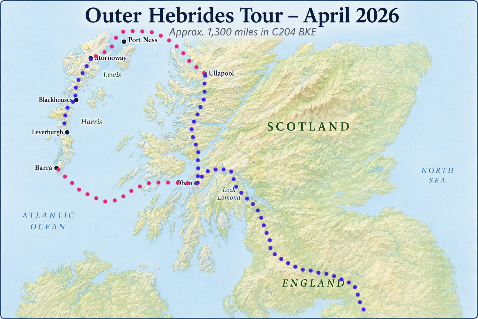 Outer Hebrides Tour route map, April 2026